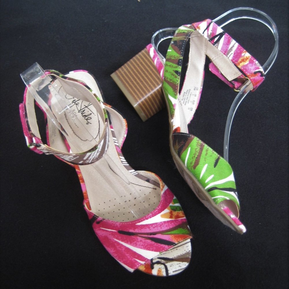 LIFE STRIDE Rosetta Block Heel Ankle Strap Sandals Pink/Green Fabric Sz. 7M EUC